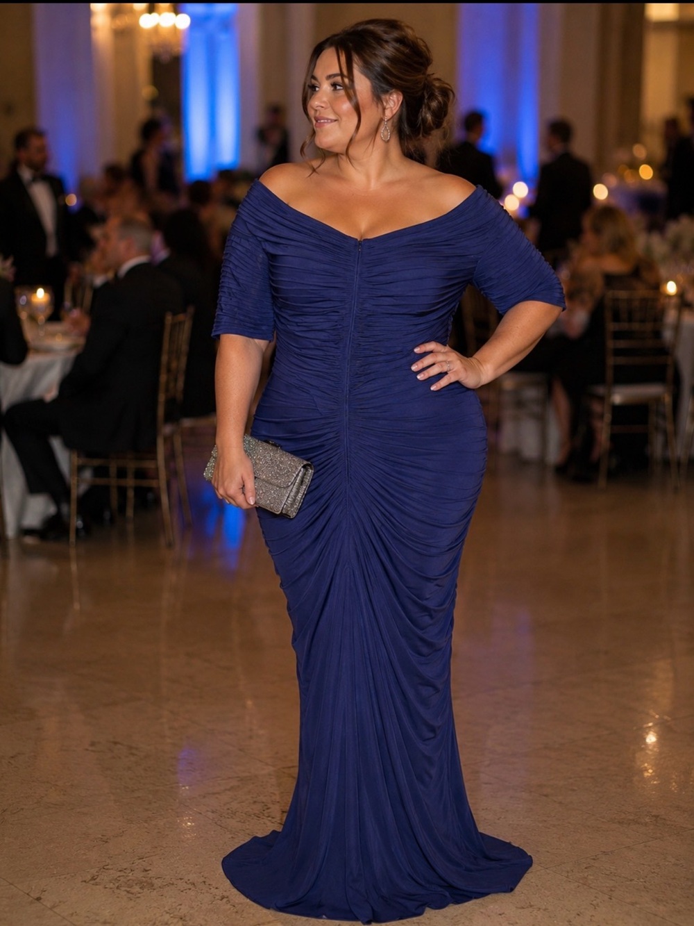 Tadashi Shoji Indigo Off-Shoulder Ruched Gown